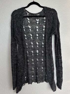 Poof! Dark Gray Open-Knit Long Sleeve Cardigan